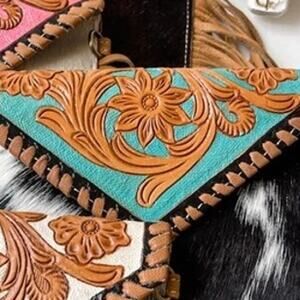 Cassie Western Tooled Leather Cowhide Fringe Crossbody Turquoise